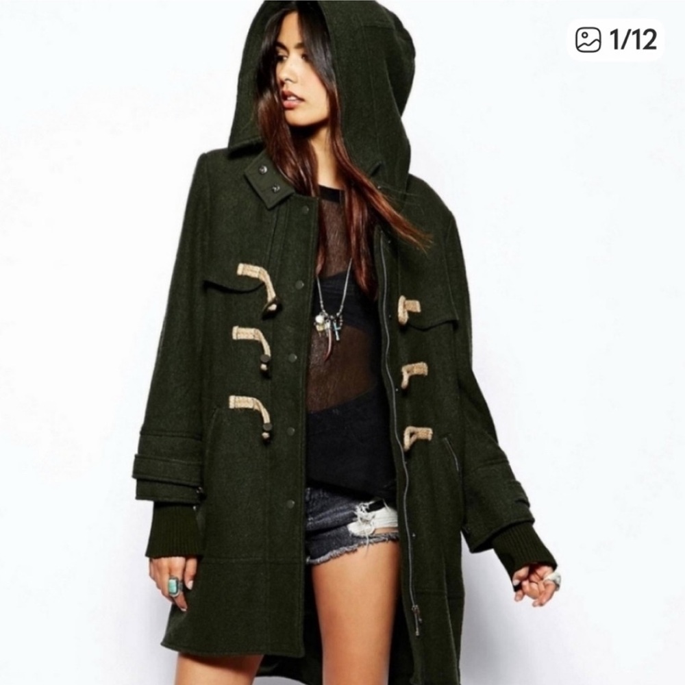 Free People Boiled Wool Military Duffle Coat Women’s Size S/P Green  Toggle